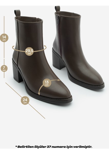 Kadın Topuklu Bot Sivri Burun Fermuarlı Cerin Kahve