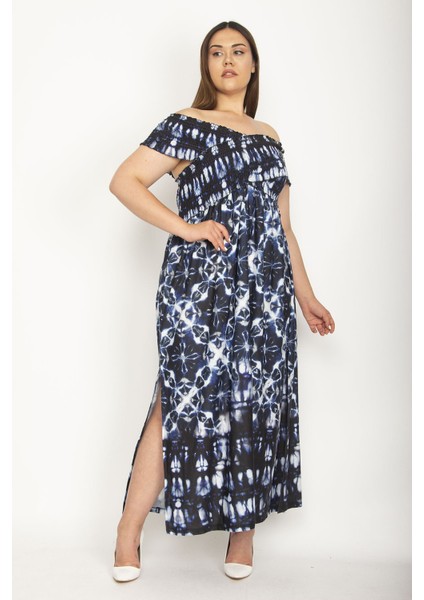 Kadın Fuşya Yakası Geniş Gipe Lastikli Yan Yırtmaçlı Uzun Elbise 65N26897