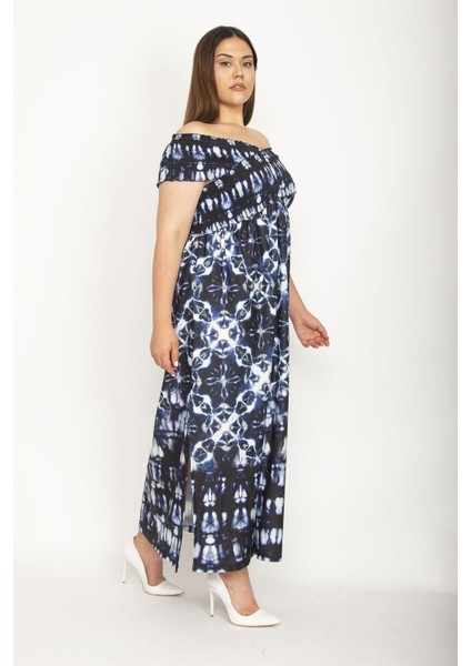 Kadın Fuşya Yakası Geniş Gipe Lastikli Yan Yırtmaçlı Uzun Elbise 65N26897 fiyatları