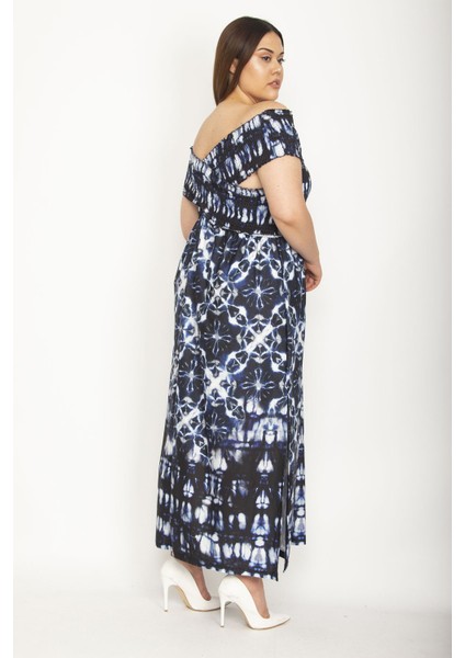 Kadın Fuşya Yakası Geniş Gipe Lastikli Yan Yırtmaçlı Uzun Elbise 65N26897 modelleri