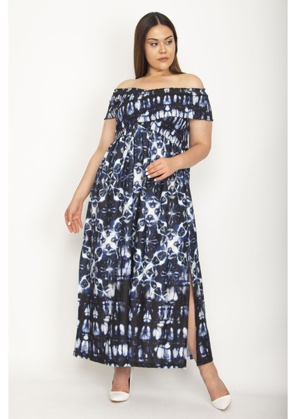 Kadın Fuşya Yakası Geniş Gipe Lastikli Yan Yırtmaçlı Uzun Elbise 65N26897 indirimleri