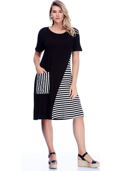 Kadın Siyah Viskon Çizgi Detaylı Elbise 65N24230