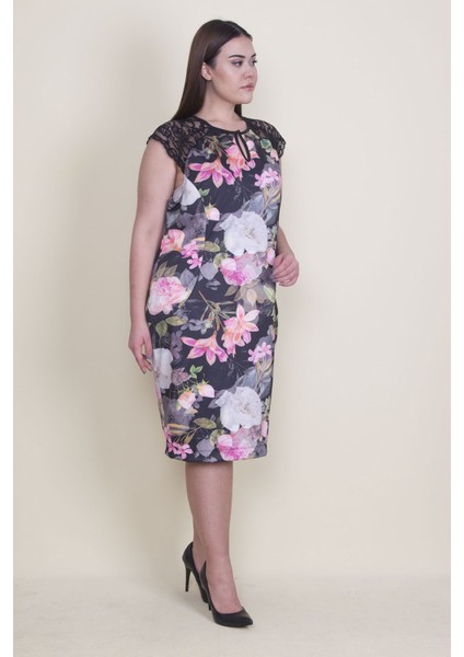 Kadın Renkli Dantel Detaylı Çiçek Desenli Astarlı Elbise 65N22423