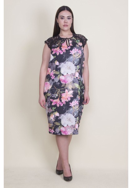 Kadın Renkli Dantel Detaylı Çiçek Desenli Astarlı Elbise 65N22423 modelleri