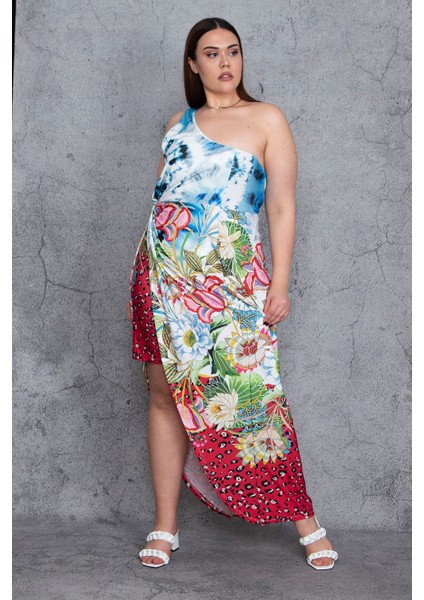 Kadın Renkli Tek Omuzlu Yırtmaç ve Iç Etek Detaylı Elbise 65N24452