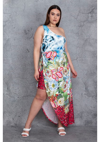 Kadın Renkli Tek Omuzlu Yırtmaç ve Iç Etek Detaylı Elbise 65N24452 fiyatları