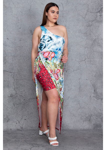 Kadın Renkli Tek Omuzlu Yırtmaç ve Iç Etek Detaylı Elbise 65N24452 modelleri