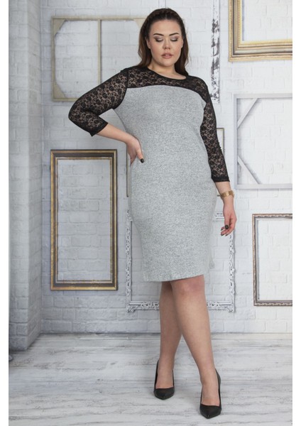 Kadın Antrasit Roba ve Kolları Dantel Elbise 65N23654