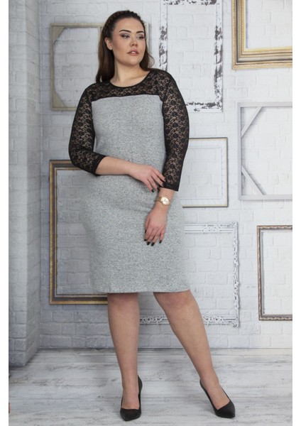 Kadın Antrasit Roba ve Kolları Dantel Elbise 65N23654 fiyatları