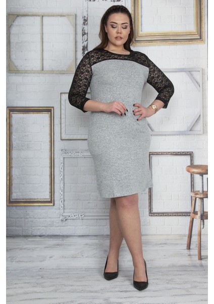 Kadın Antrasit Roba ve Kolları Dantel Elbise 65N23654 modelleri