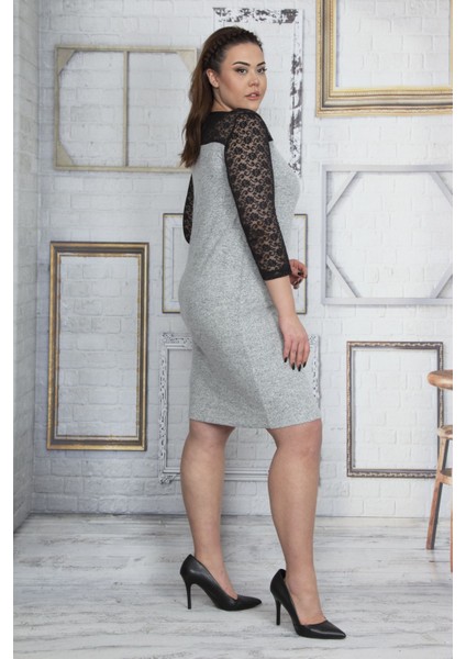 Kadın Antrasit Roba ve Kolları Dantel Elbise 65N23654 fırsatları