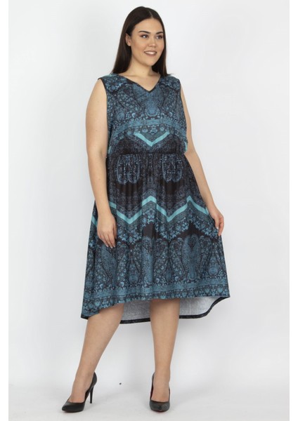 Kadın Petrol Arka Robası Dantel Bel Kısmı Lastikli Elbise 65N27924