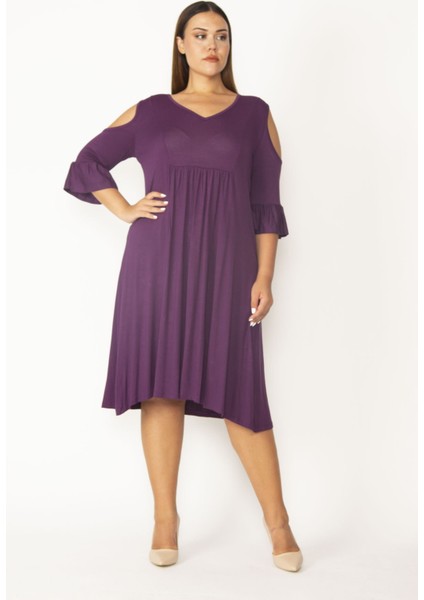 Kadın Haki Omuz Dekolteli Göğüs Büzgü ve Kol Volan Detaylı Viskon Elbise 65N27447