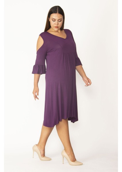 Kadın Haki Omuz Dekolteli Göğüs Büzgü ve Kol Volan Detaylı Viskon Elbise 65N27447 fırsatları