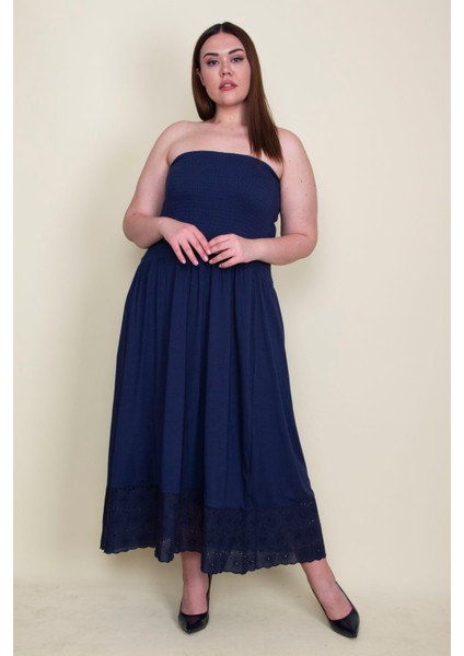 Kadın Lacivert Etek Ucu Dantel Göğüs Kısmı Gipe Lastikli Elbise 65N26128 fiyatları