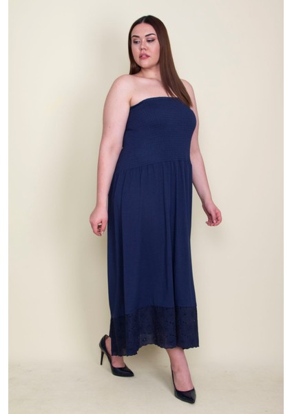 Kadın Lacivert Etek Ucu Dantel Göğüs Kısmı Gipe Lastikli Elbise 65N26128 modelleri
