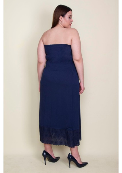 Kadın Lacivert Etek Ucu Dantel Göğüs Kısmı Gipe Lastikli Elbise 65N26128 fırsatları