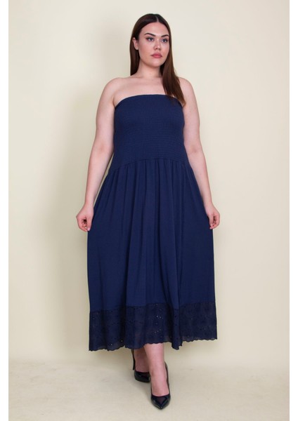 Kadın Lacivert Etek Ucu Dantel Göğüs Kısmı Gipe Lastikli Elbise 65N26128 indirimleri