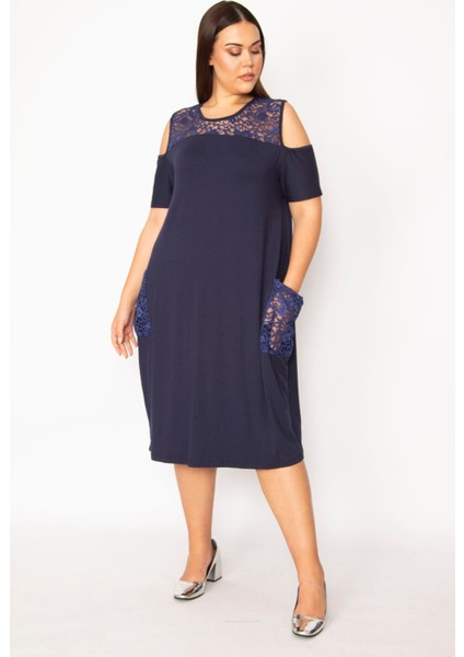 Kadın Lacivert Cep Ve Ön Arka Robası Dantel Omuz Dekolteli Elbise 65N29528 fiyatları