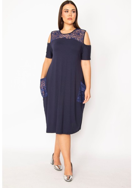 Kadın Lacivert Cep Ve Ön Arka Robası Dantel Omuz Dekolteli Elbise 65N29528 modelleri