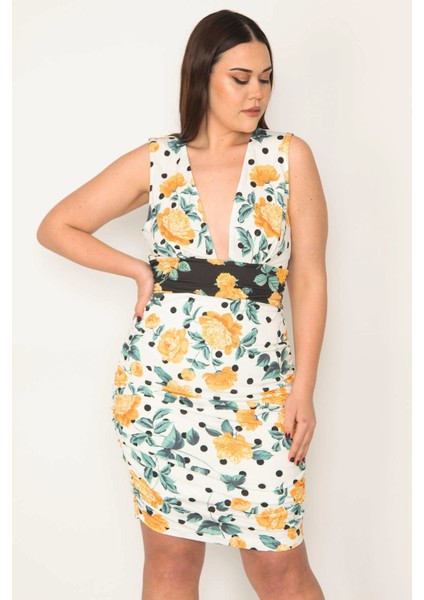 KADIN RENKLİ YAN BÜZGÜ VE BEL DRAPE DETAYLI V YAKALI ELBİSE