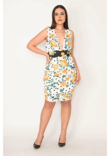 KADIN RENKLİ YAN BÜZGÜ VE BEL DRAPE DETAYLI V YAKALI ELBİSE fiyatları