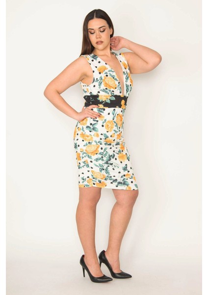 KADIN RENKLİ YAN BÜZGÜ VE BEL DRAPE DETAYLI V YAKALI ELBİSE fırsatları