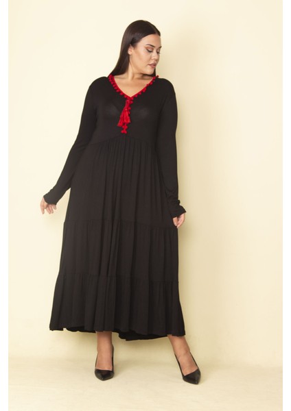 Kadın Kırmızı Yaka Detaylı Belden Büzgülü Katlı Uzun Elbise 65N28082