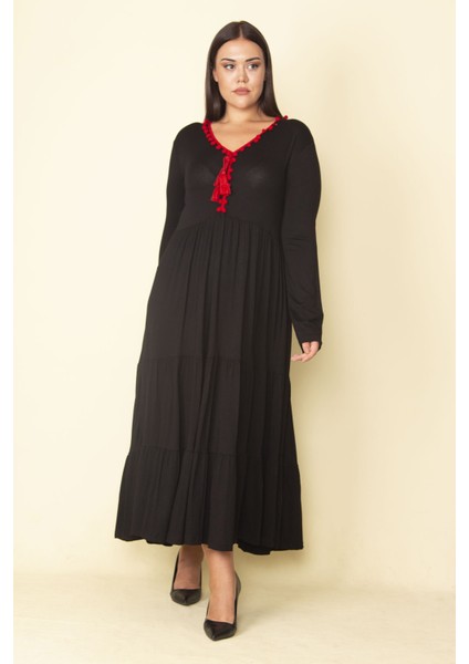 Kadın Kırmızı Yaka Detaylı Belden Büzgülü Katlı Uzun Elbise 65N28082 fiyatları