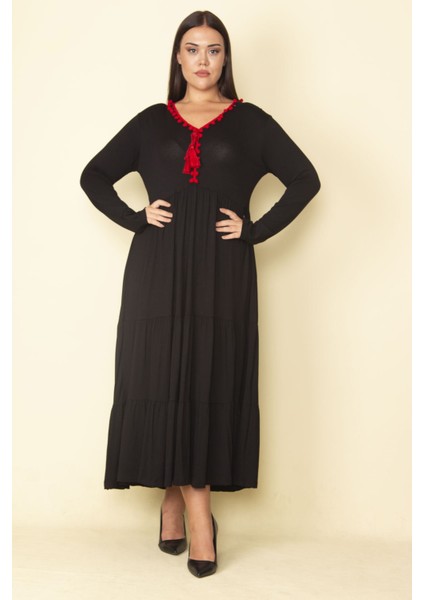 Kadın Kırmızı Yaka Detaylı Belden Büzgülü Katlı Uzun Elbise 65N28082 indirimleri