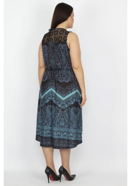 Kadın Petrol Arka Robası Dantel Bel Kısmı Lastikli Elbise 65N27924 fırsatları