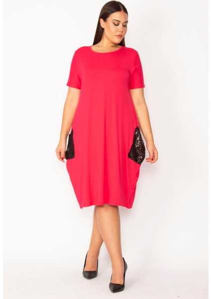 Kadın Fuşya Cebi Payet Detaylı Viskon Elbise 65N28966 fiyatları