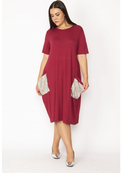 Kadın Bordo Cebi Payet Detaylı Viskon Elbise 65N28931