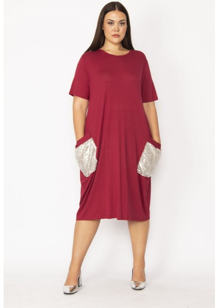 Kadın Bordo Cebi Payet Detaylı Viskon Elbise 65N28931 fırsatları