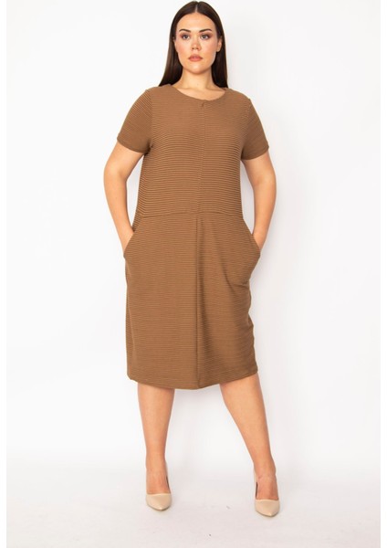 Kadın Sütlükahve Kendinden Çizgili Cepli Elbise 65N29922