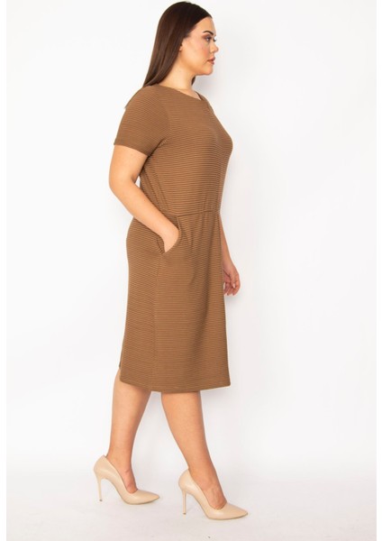 Kadın Sütlükahve Kendinden Çizgili Cepli Elbise 65N29922 fırsatları