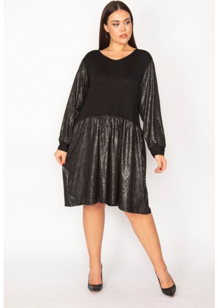 Kadın Siyah Etek Kısmı Ve Kolları Lak Detaylı Viskon Elbise 65N29932