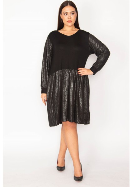 Kadın Siyah Etek Kısmı Ve Kolları Lak Detaylı Viskon Elbise 65N29932 fiyatları