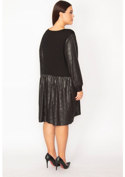 Kadın Siyah Etek Kısmı Ve Kolları Lak Detaylı Viskon Elbise 65N29932 modelleri