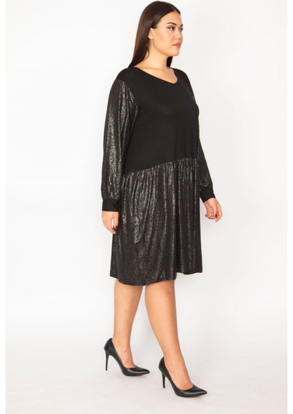 Kadın Siyah Etek Kısmı Ve Kolları Lak Detaylı Viskon Elbise 65N29932 fırsatları