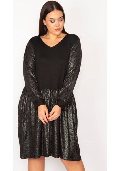 Kadın Siyah Etek Kısmı Ve Kolları Lak Detaylı Viskon Elbise 65N29932 indirimleri