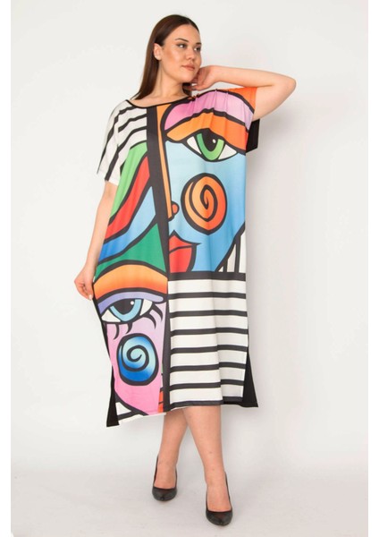 Kadın Siyah Dijital Baskılı Yan Cepli Uzun Renkli Elbise