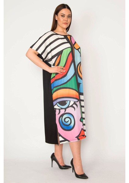 Kadın Siyah Dijital Baskılı Yan Cepli Uzun Renkli Elbise modelleri