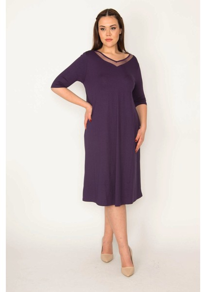 Kadın Mor Yakası Tül ve Dantel Detaylı Elbise