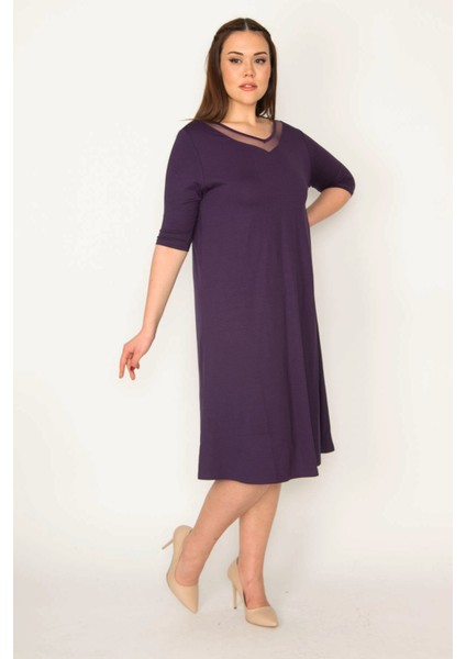 Kadın Mor Yakası Tül ve Dantel Detaylı Elbise fiyatları