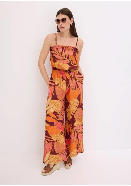 Kadın Büyük Beden Oranj, Desenli Viskon Çıkarılabilir Ip Askılı Tulum 65N38985