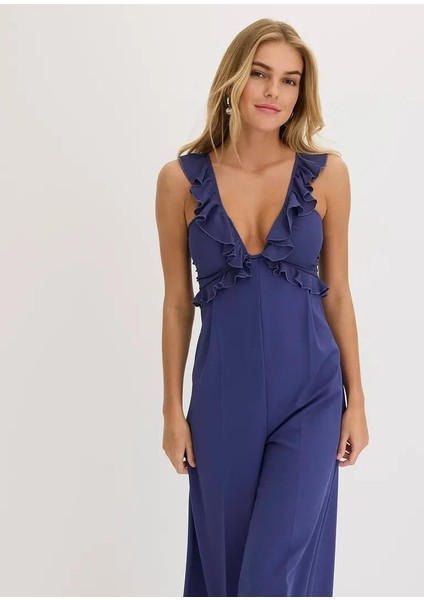 Kadın Büyük Beden Indigo, Şifon Detaylı, Derin Yakalı Şık Tulum 65N38960 fırsatları