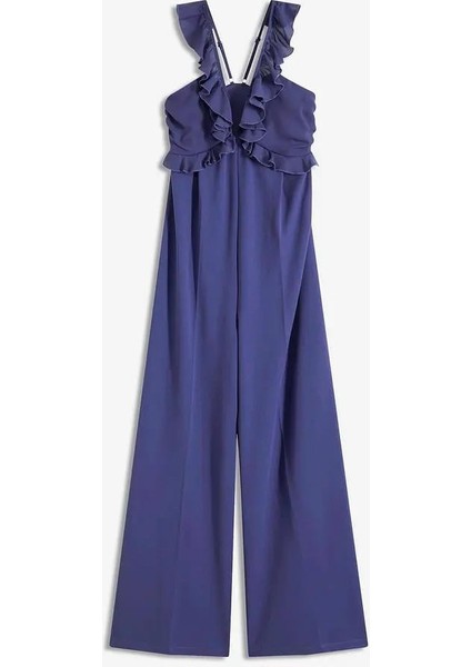 Kadın Büyük Beden Indigo, Şifon Detaylı, Derin Yakalı Şık Tulum 65N38960 indirimleri