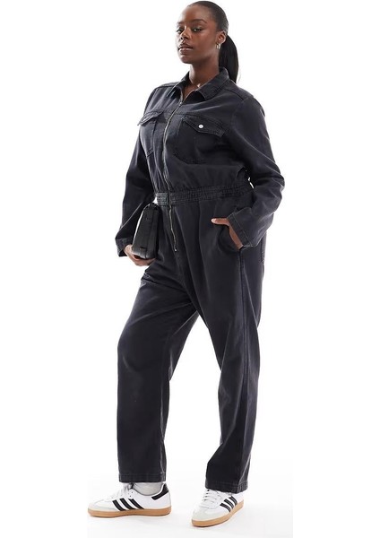 Kadın Büyük Beden Füme, Fermuarlı, Bel Lastik Detaylı, Yıkamalı Kot Tulum 65N39011