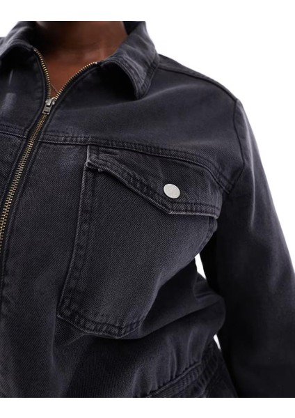 Kadın Büyük Beden Füme, Fermuarlı, Bel Lastik Detaylı, Yıkamalı Kot Tulum 65N39011 fiyatları